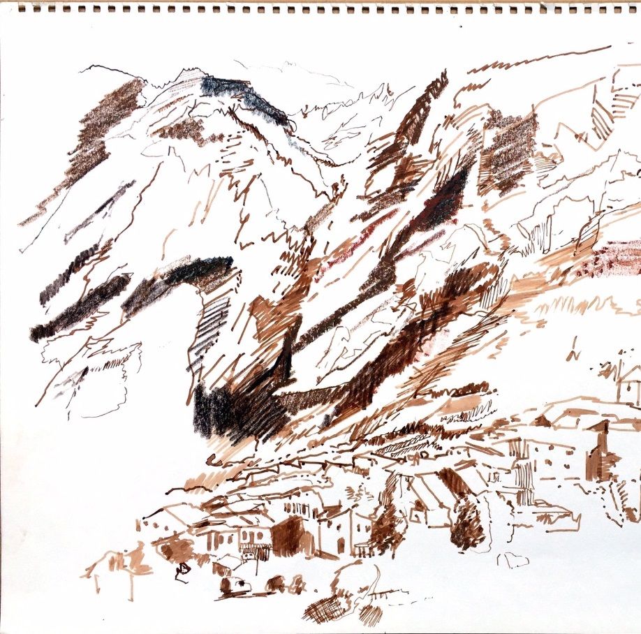 COMUS VALLEY, THE LAST STAND ALONG THE ROUTE OF THE CATHARS. PEN & INK 42 x 60cms/ 16+ x 23